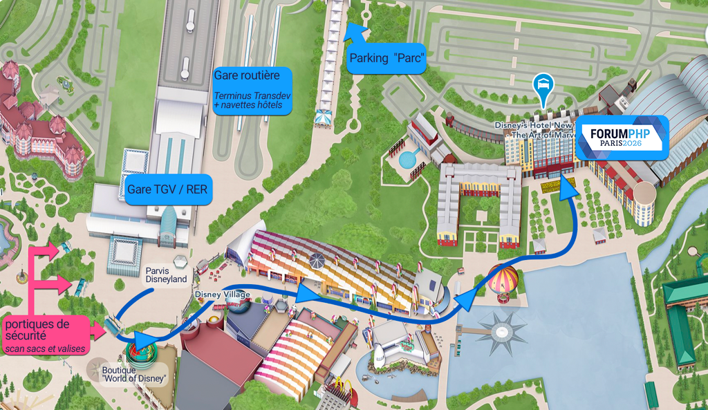 Plan du Disney Village et itinéraire vers le Forum PHP 2026
