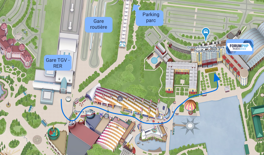 Plan d'accès au Forum PHP 2022 depuis le parvis de Disneyland Paris